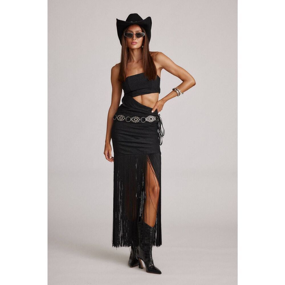 12th Tribe Black Fringe Maxi Dress with Cutout